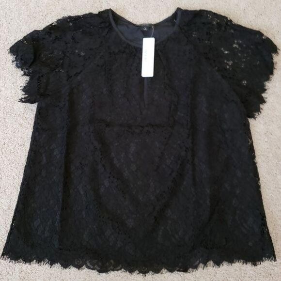 J. Crew Short Sleeve Lace Top Black Size Small Round Neckline Pull On Styling - Picture 3 of 7